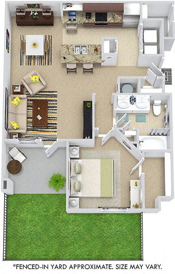 Floor plan for 1 bed, 1 bath, 809 sqft